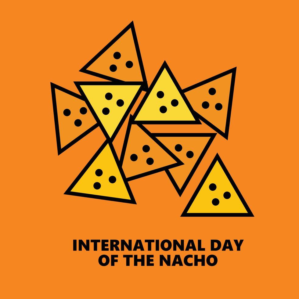 día internacional del nacho. celebre el día de los nachos el 21 de octubre. nachos triangulares con vector gráfico de icono de queso en pancarta de póster de fondo naranja.