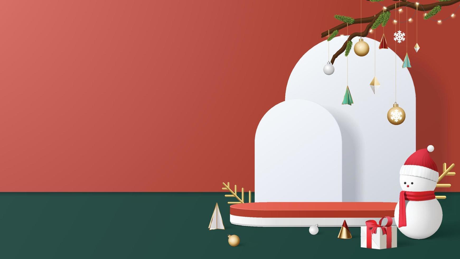 Realistic 3D Christmas template. pedestal or stand podium for show product display. Christmas decoration on red background. vector