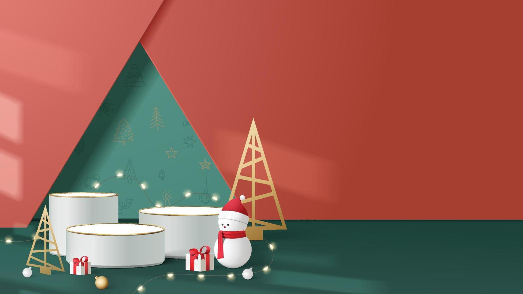 Realistic 3D Christmas template. pedestal or stand podium for show product display. Christmas decoration on red background. vector