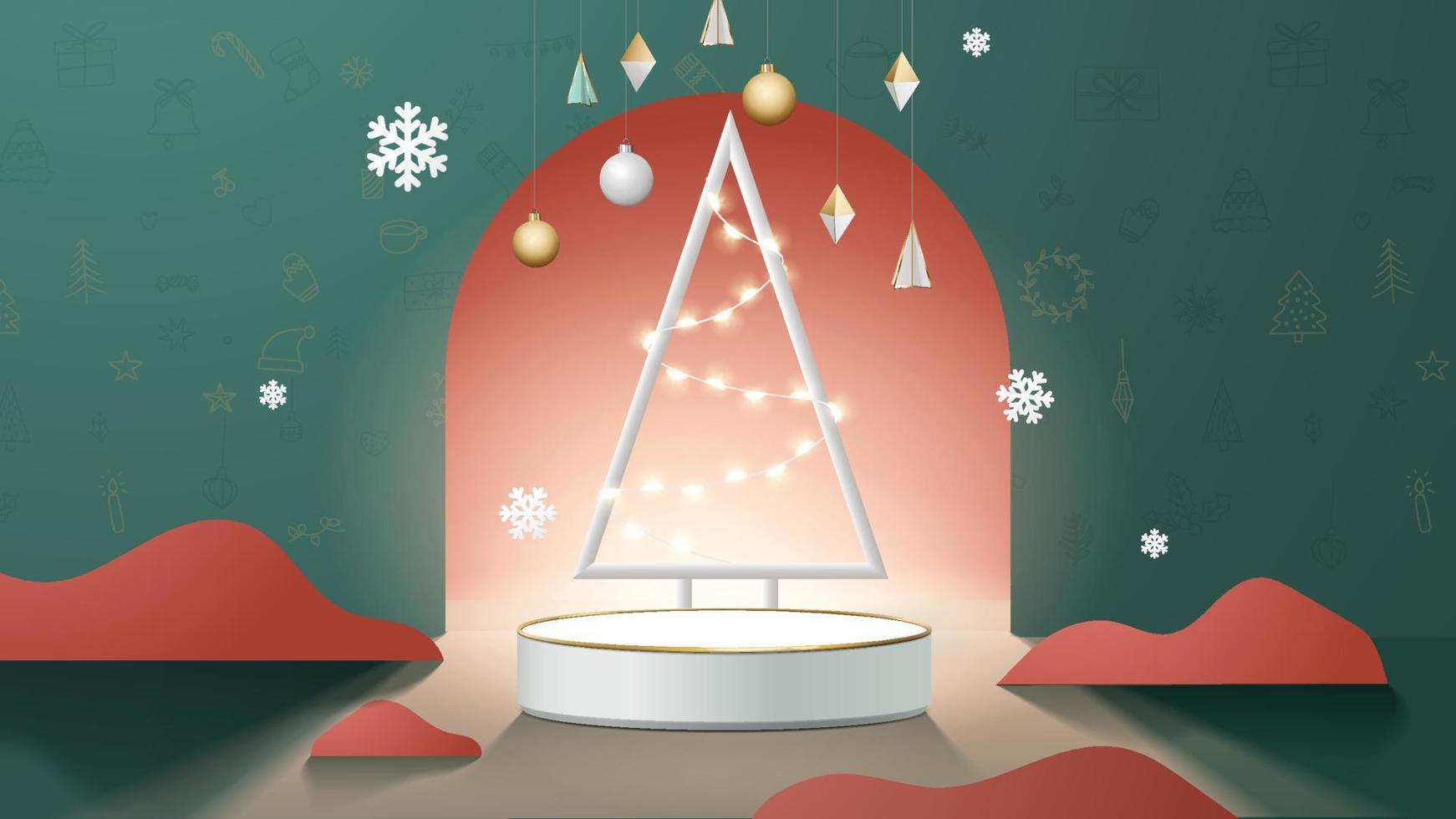 Realistic 3D Christmas template. pedestal or stand podium for show product display. Christmas decoration on green background. vector