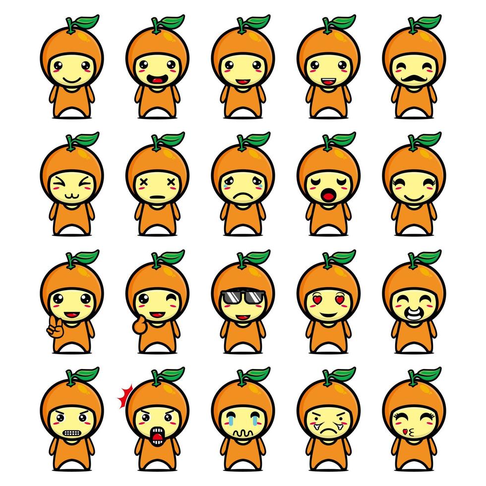 Set collection of cute orange mascot design character. Isolated on a white background. Cute character mascot logo idea bundle concept vector