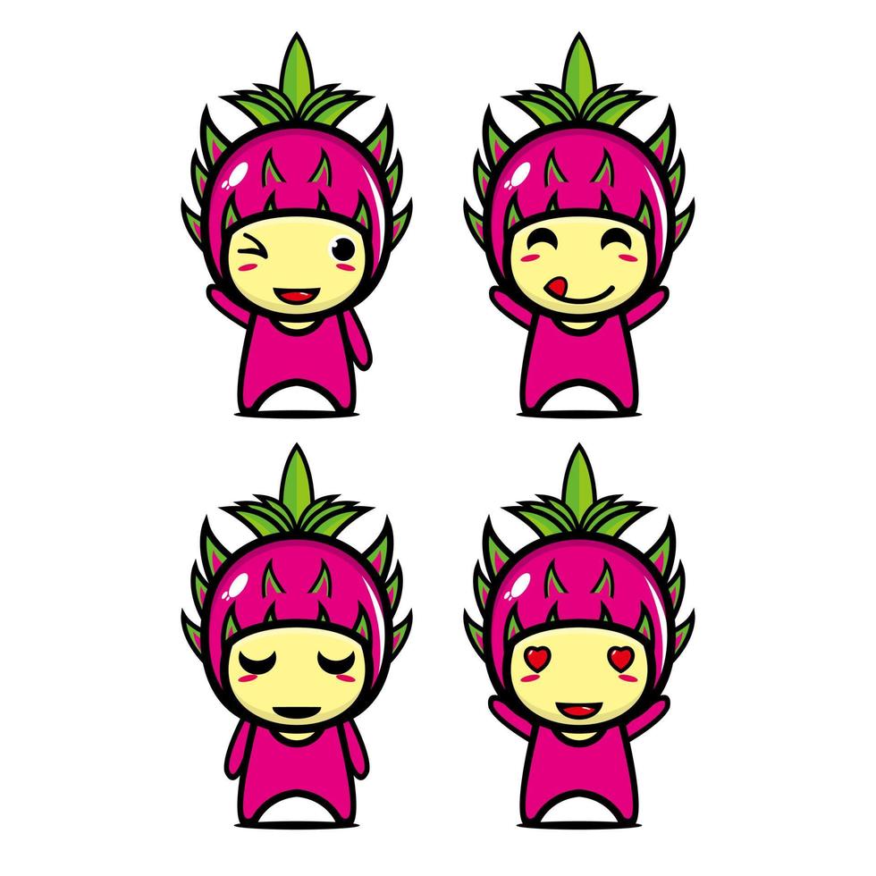 Set collection of cute dragon fruit mascot design character. Isolated on a white background. Cute character mascot logo idea bundle concept vector