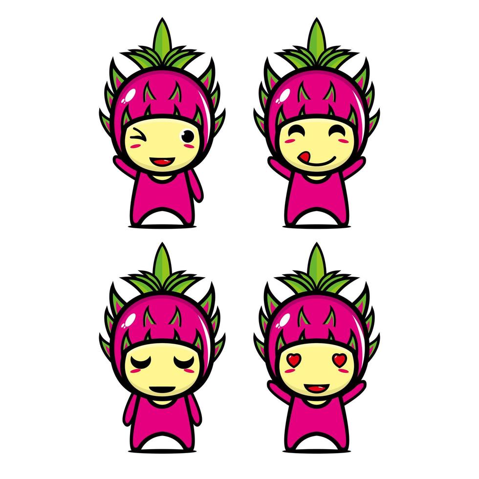 conjunto de colección de lindo personaje de diseño de mascota de fruta de dragón. Aislado en un fondo blanco. concepto de paquete de idea de logotipo de mascota de personaje lindo vector