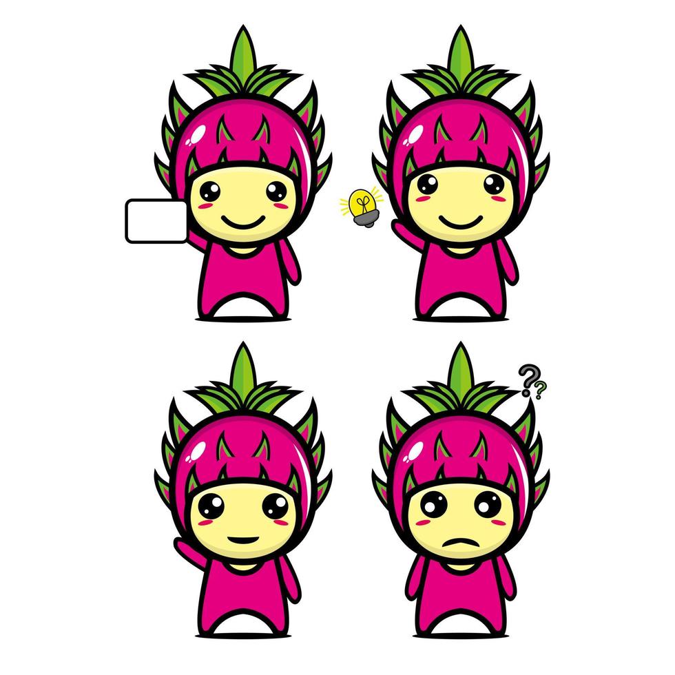 Set collection of cute dragon fruit mascot design character. Isolated on a white background. Cute character mascot logo idea bundle concept vector