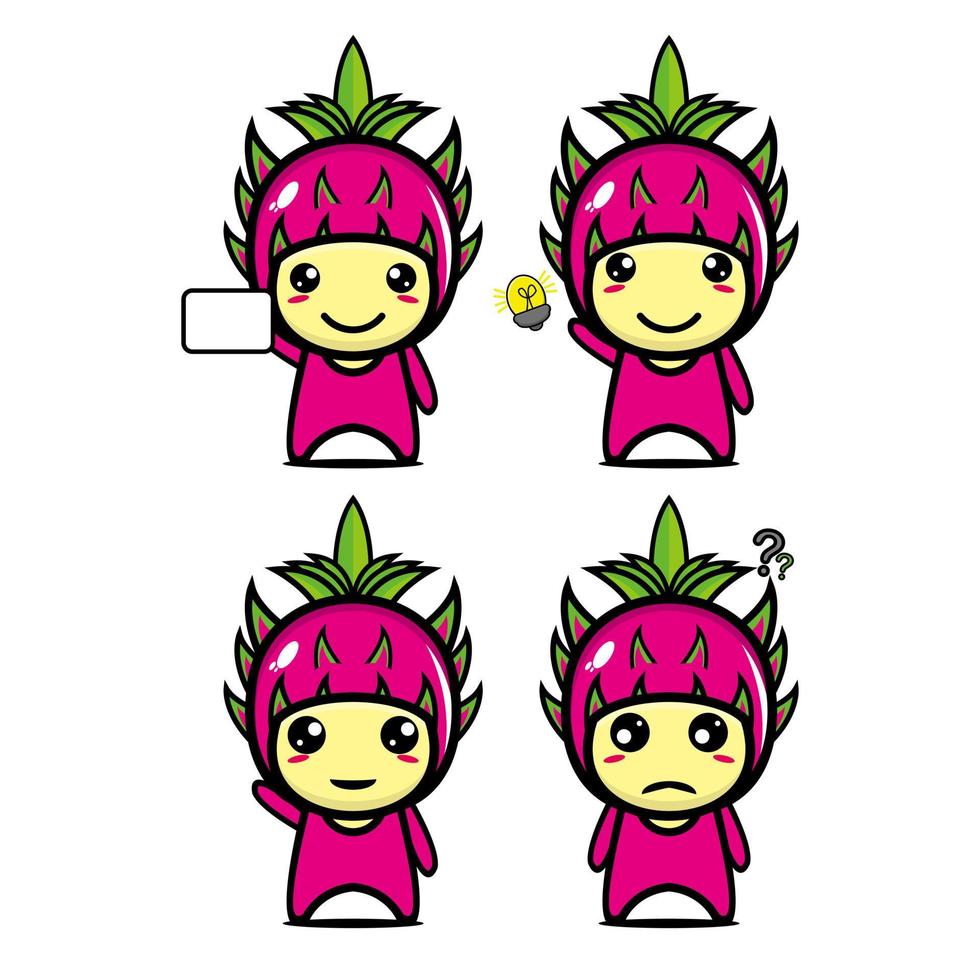 conjunto de colección de lindo personaje de diseño de mascota de fruta de dragón. Aislado en un fondo blanco. concepto de paquete de idea de logotipo de mascota de personaje lindo vector