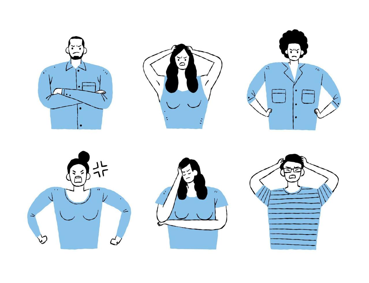 set of angry and upset people in various actions and costumes vector