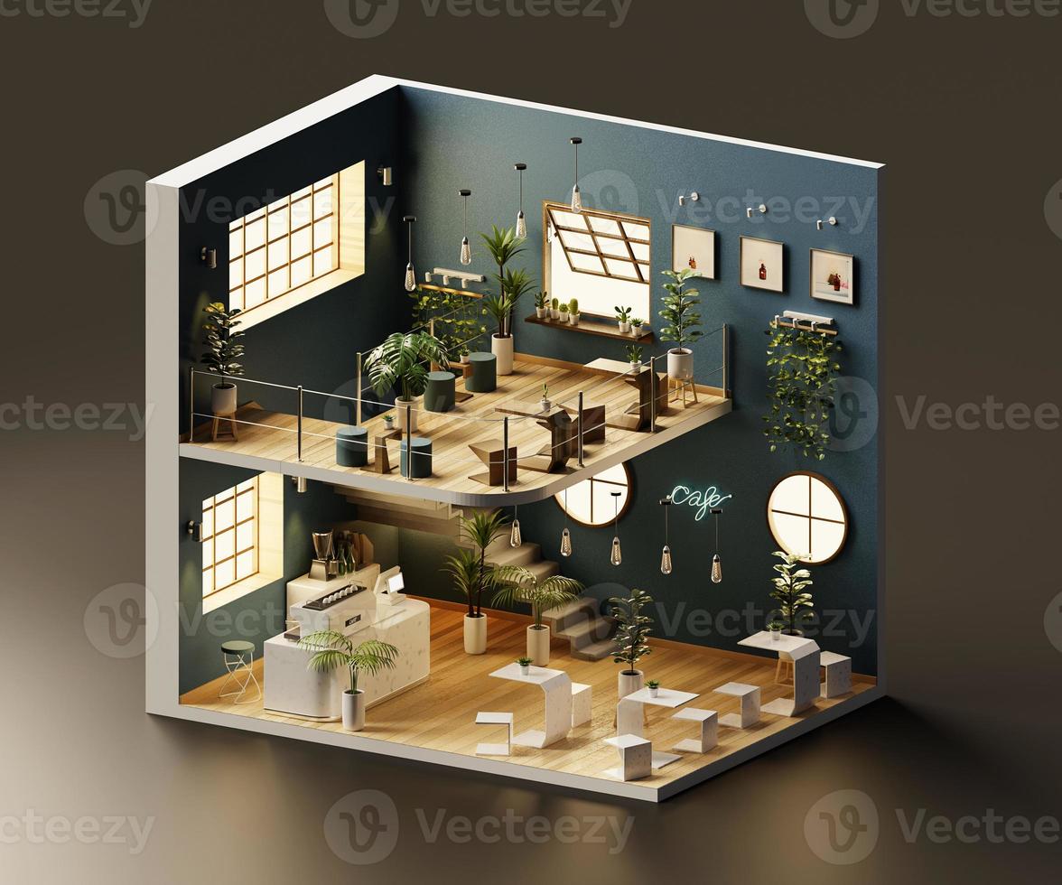 Isometric view minimal cafe store open inside interior architecture, 3d rendering. photo