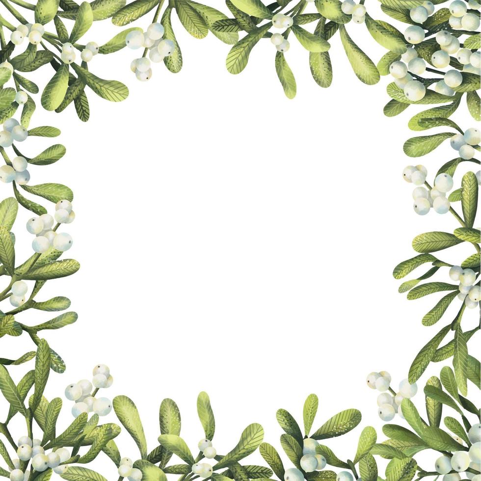 Watercolor frame of Christmas plants . Hand painted floral border with white mistletoe branches isolated on white background. vector