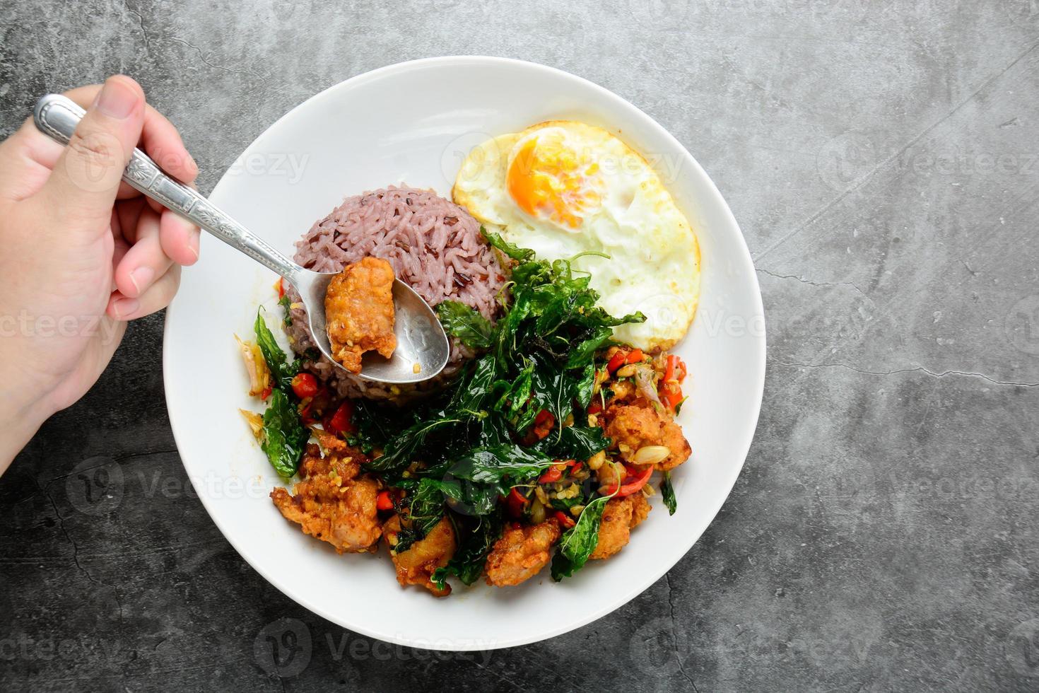 Crispy chicken cooked with green basil, served with steamed rice and fried egg, hot and spicy dish with basil leaves. photo