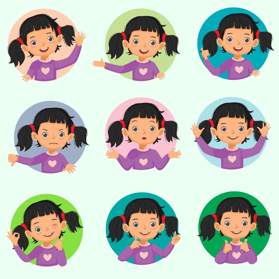 conjunto de avatar de emociones de expresiones faciales de niña pequeña. vector de varias posturas de manos con diferentes gestos como bien, pulgar hacia arriba, señalar con el dedo, agitar, sin idea de signo