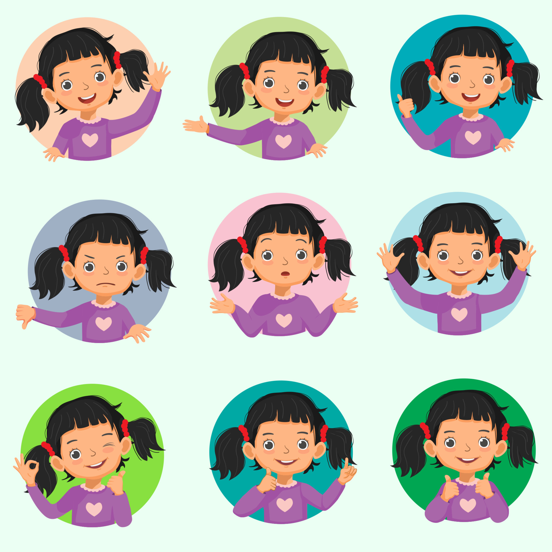 Little girl facial expressions emotions avatar set. Vector of various