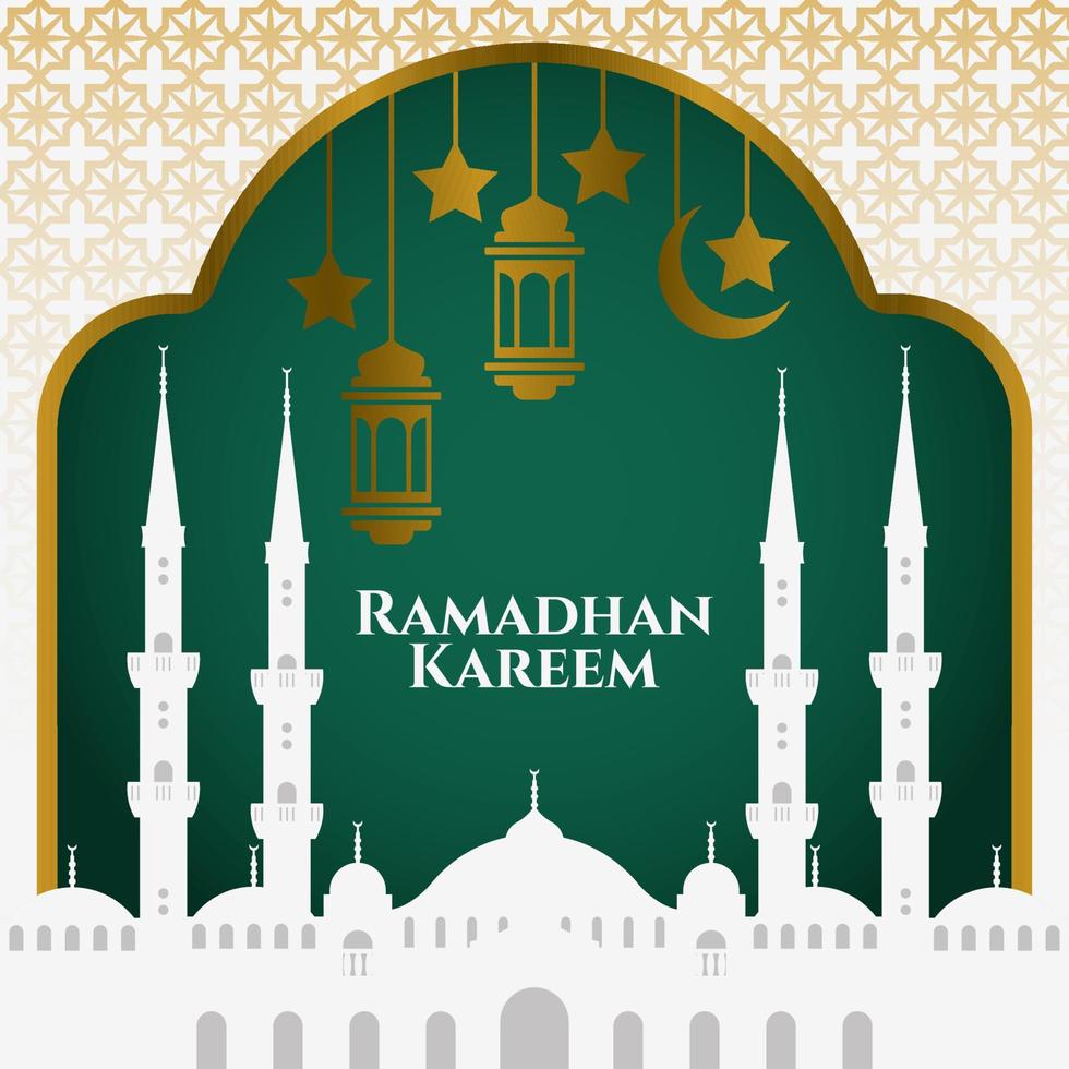 Mosque with lantern and moon on green abstract background for ramadan kareem, suitable for gretting card, ramadan celebration vector