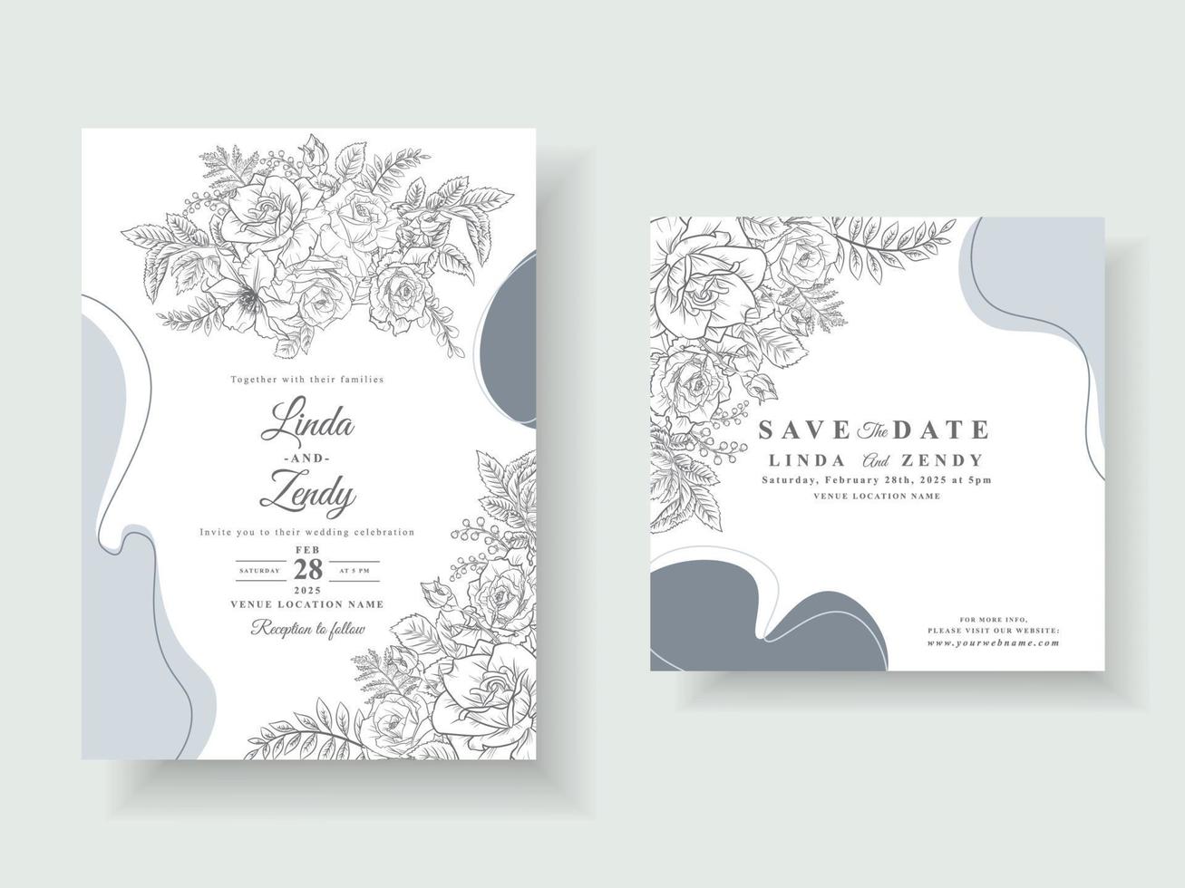 Wedding invitation cards with beautiful rose line art vector