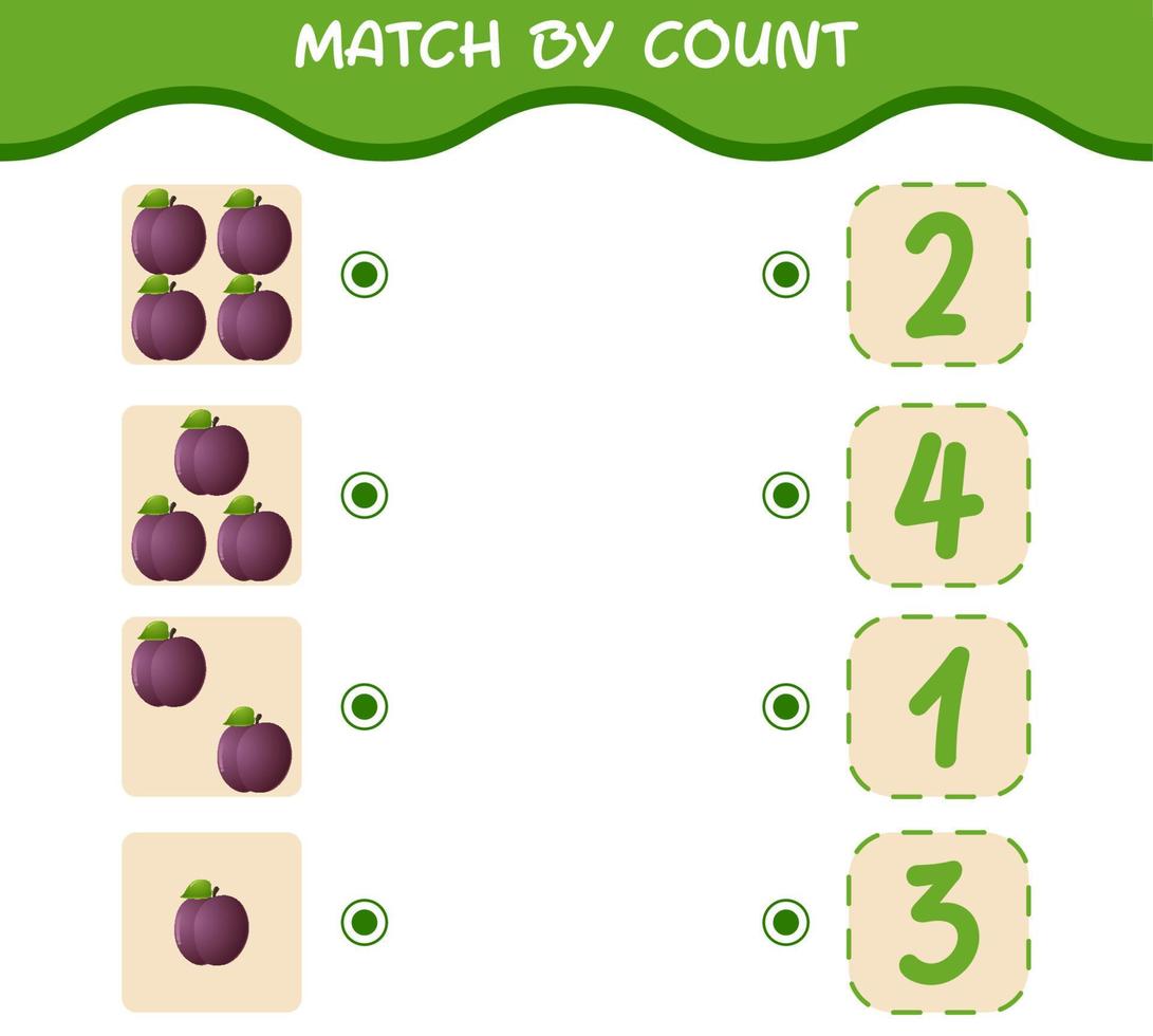 Match by count of cartoon plums. Match and count game. Educational game for pre shool years kids and toddlers vector