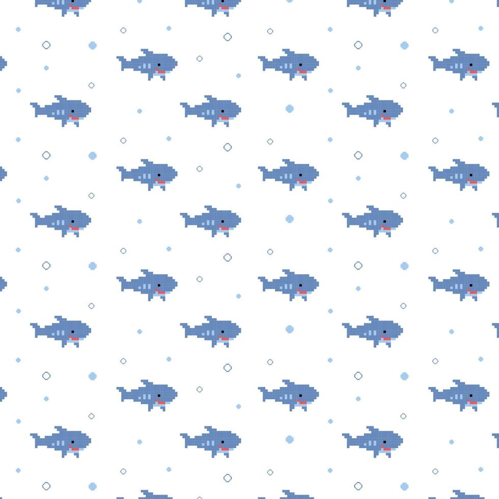 pattern with cute shark vector pixel art