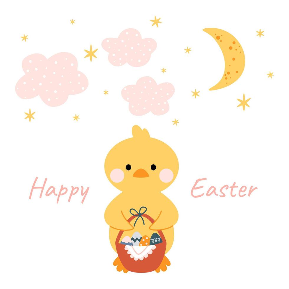 Kawaii cute chicken, duckling with moon, stars and clouds. Happy Easter. Charming clipart for postcards, prints, banners, templates, social media, web. Vector cartoon illustration.
