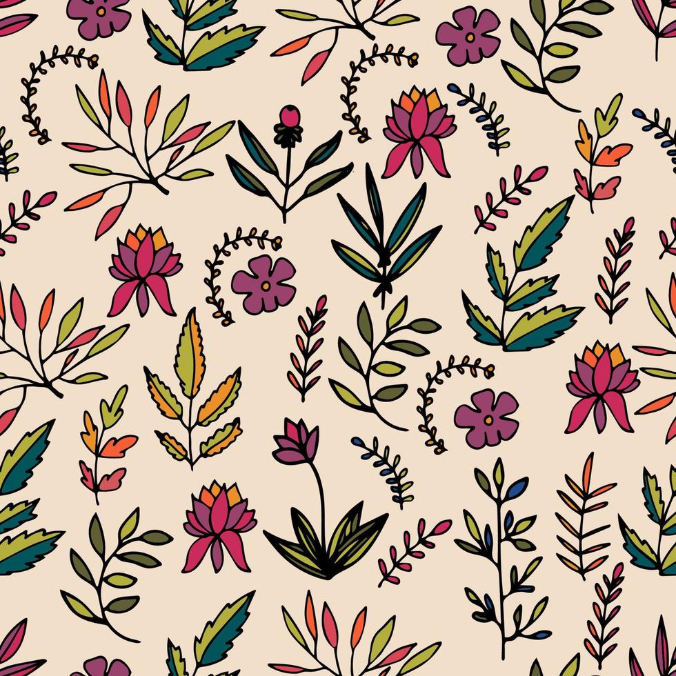 Colorful floral seamless pattern with hand drawn flowers, branches and leaves with black outline. vector