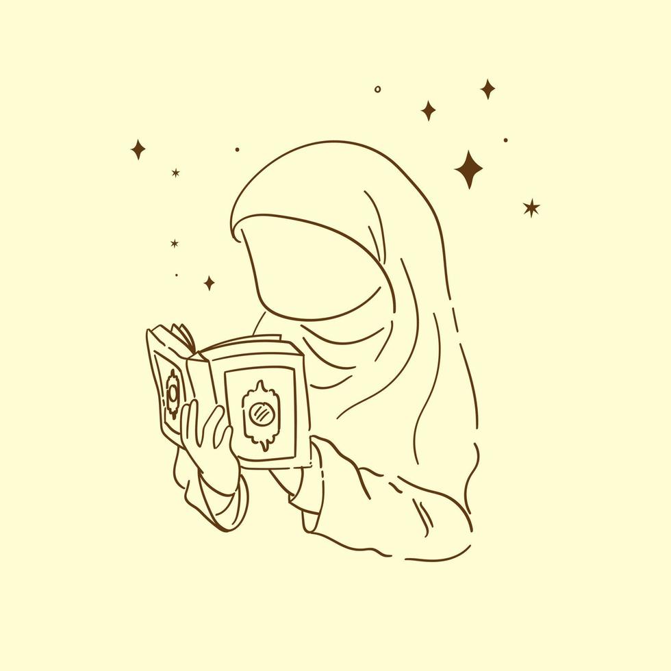 arte vectorial o elemento icono mujer musulmana leyendo el corán en un estilo boho simple vector