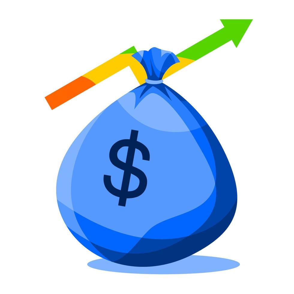 The concept of return on investment. arrow of business growth. dollar money bag. graph increases profit. finance. illustration. blue, yellow, and green. vector