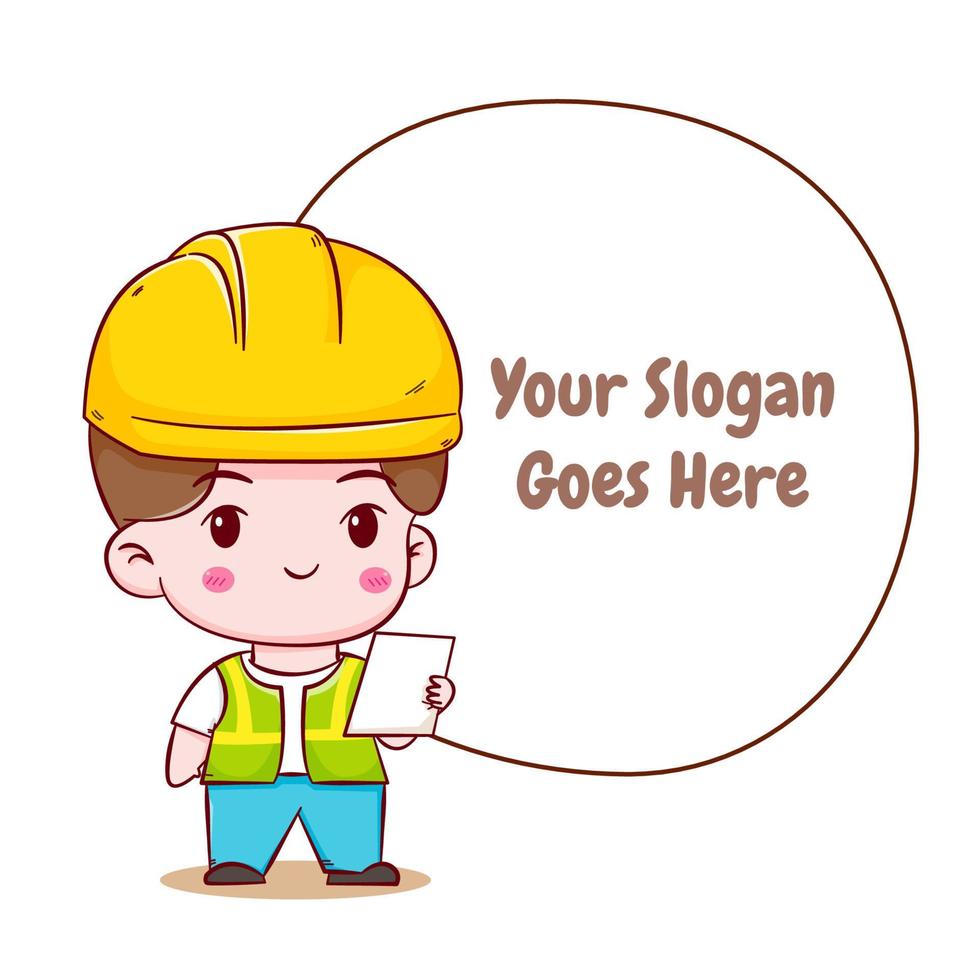 Cute Engineer construction worker concept hand drawn cartoon character with balloon text vector