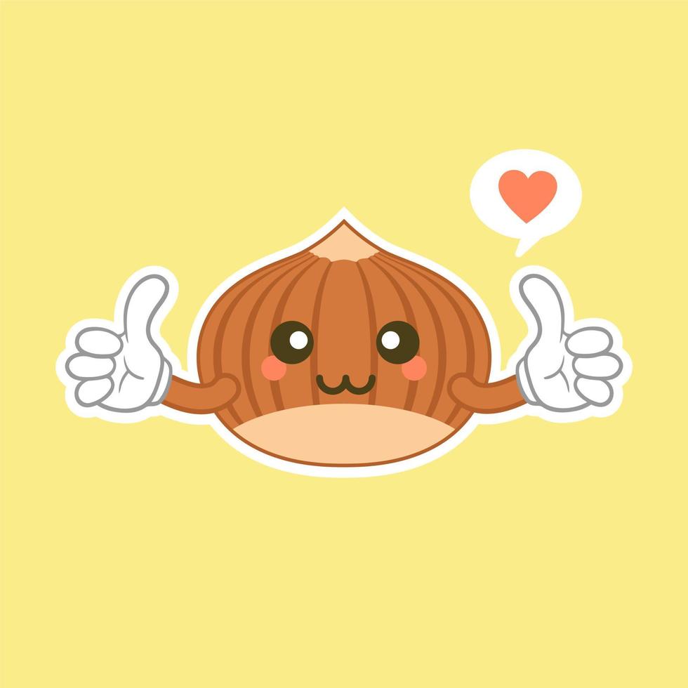 Cute and kawaii flat cartoon hazelnut illustration. Vector illustration of cute hazelnut with a smiling expression.