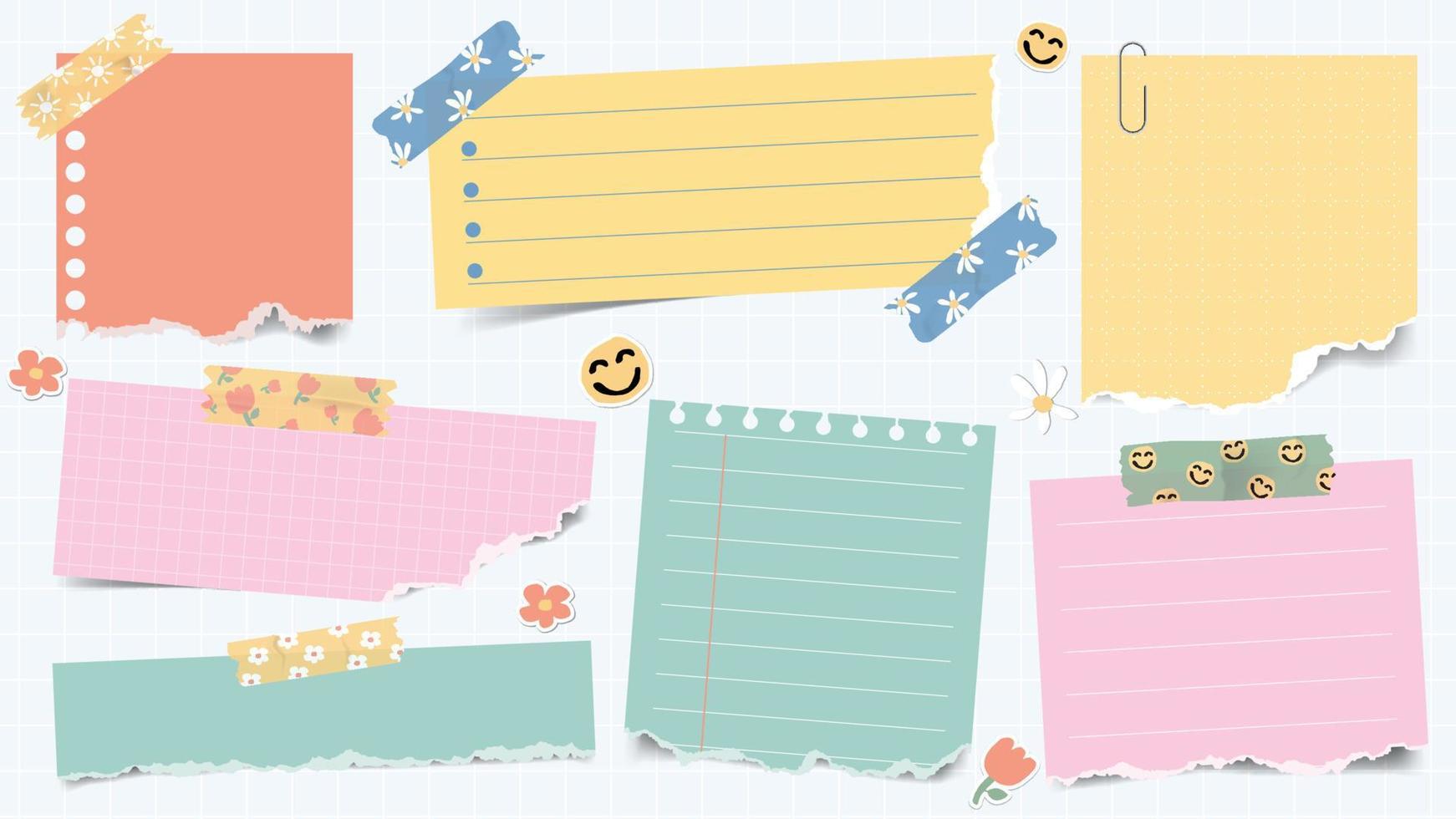 Realistic colorful torn ripped paper sheets collection with washi tape. vector