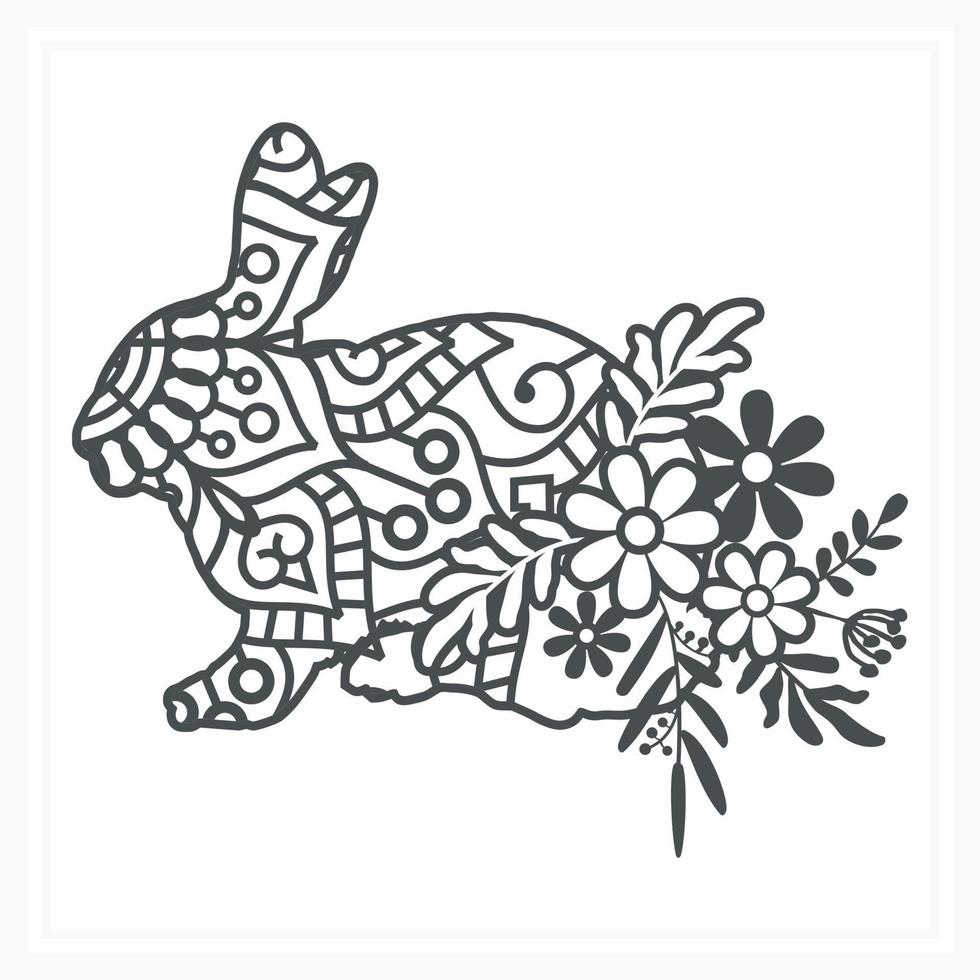 Bunny Mandala with Flower. Vector, Line Art vector