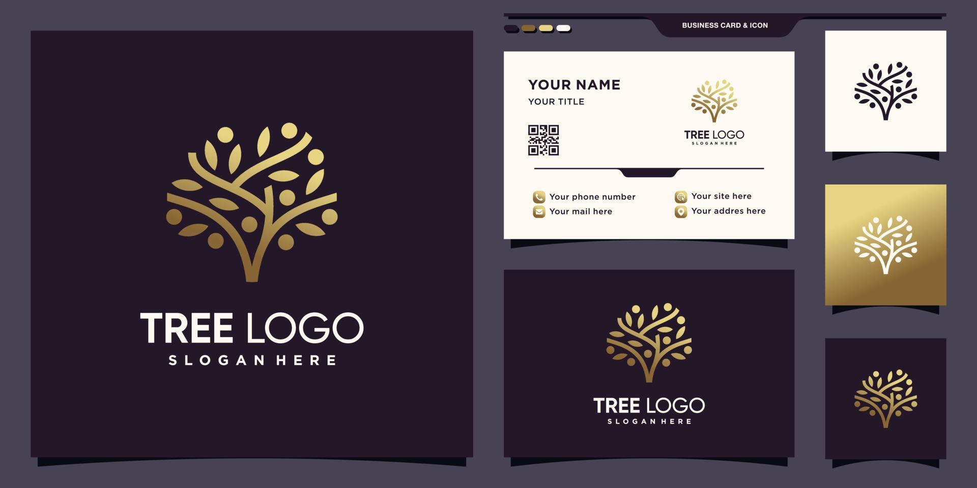 Tree logo with golden gradient style color and business card design Premium Vector