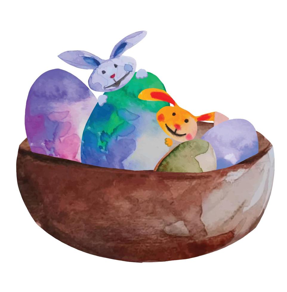 easter eggs in a basket in which the easter bunny is baked with watercolor illustration vector