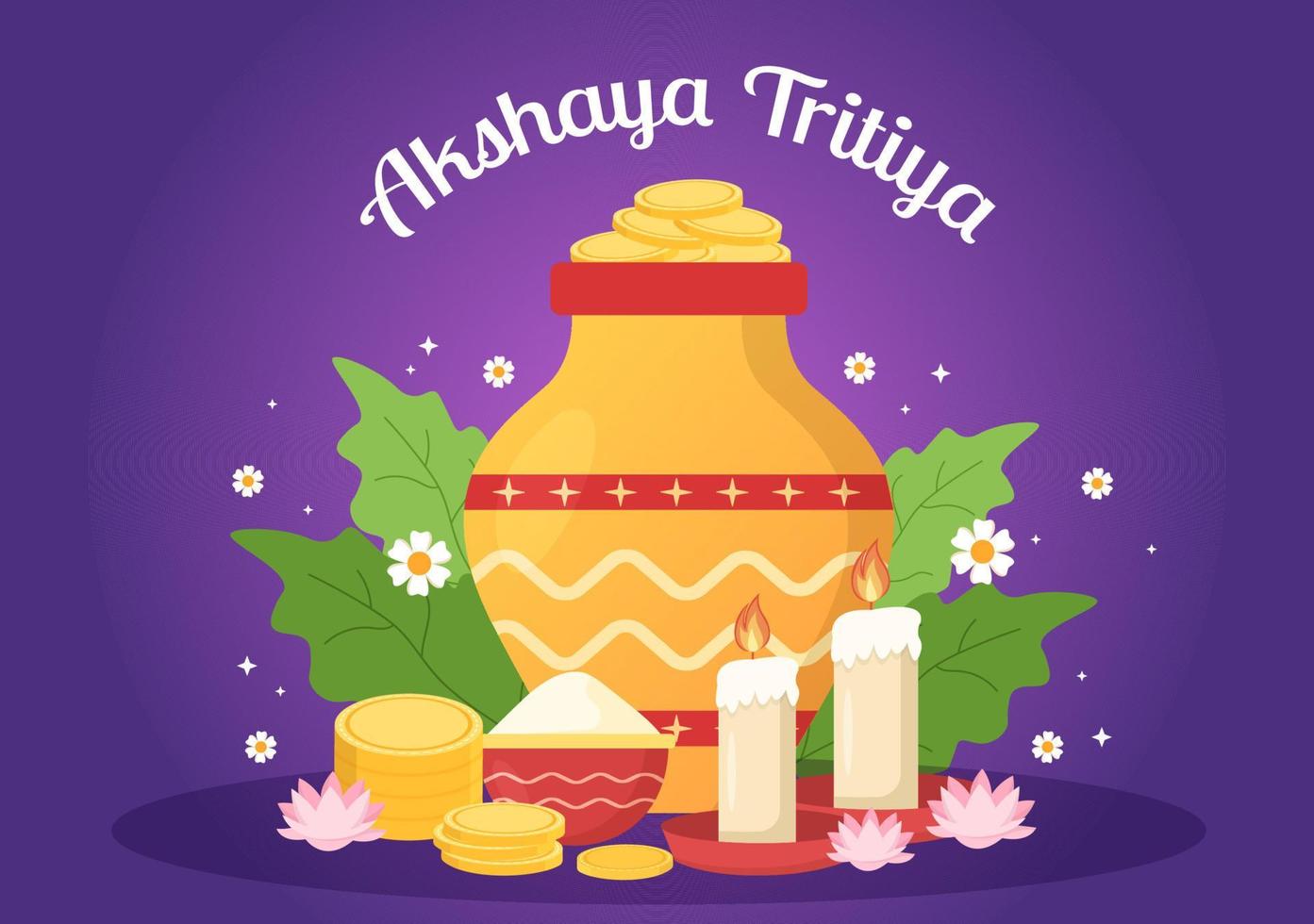 Akshaya Tritiya Festival with a Golden Kalash, Pot and Gold Coins for Dhanteras Celebration on Indian in Decorated Background Template Illustration vector