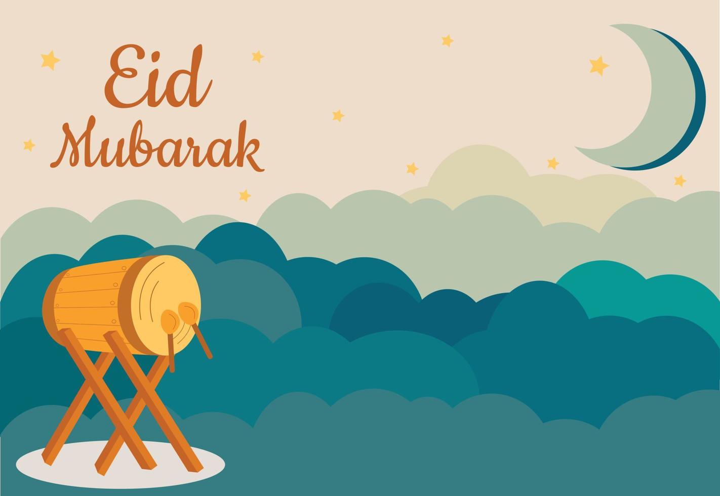 Eid Mubarak Vector Illustration Cloud Moon and Drum Background Illustration