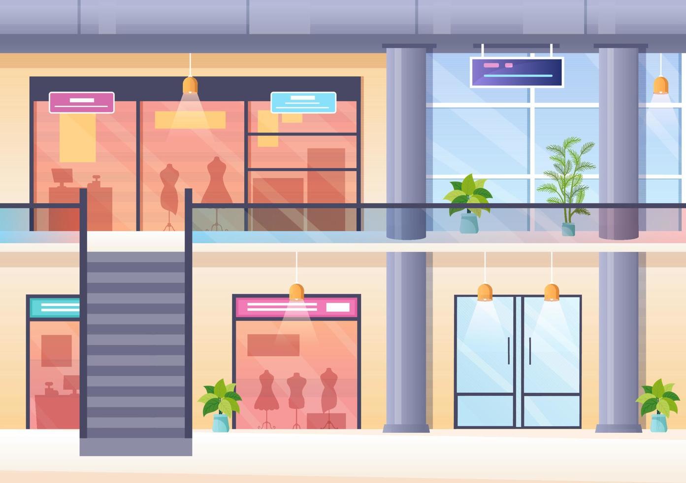 Shopping Mall Modern Background Illustration with Interior Inside, Escalator and Various Retail Store in Flat Style Design vector