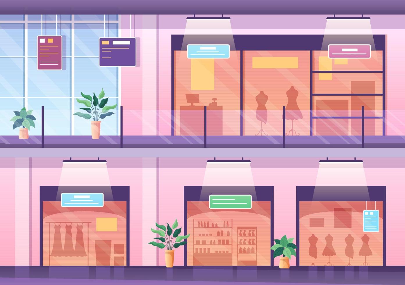 ilustración de fondo moderna del centro comercial con interiores, escaleras mecánicas y varias tiendas minoristas en un diseño de estilo plano vector