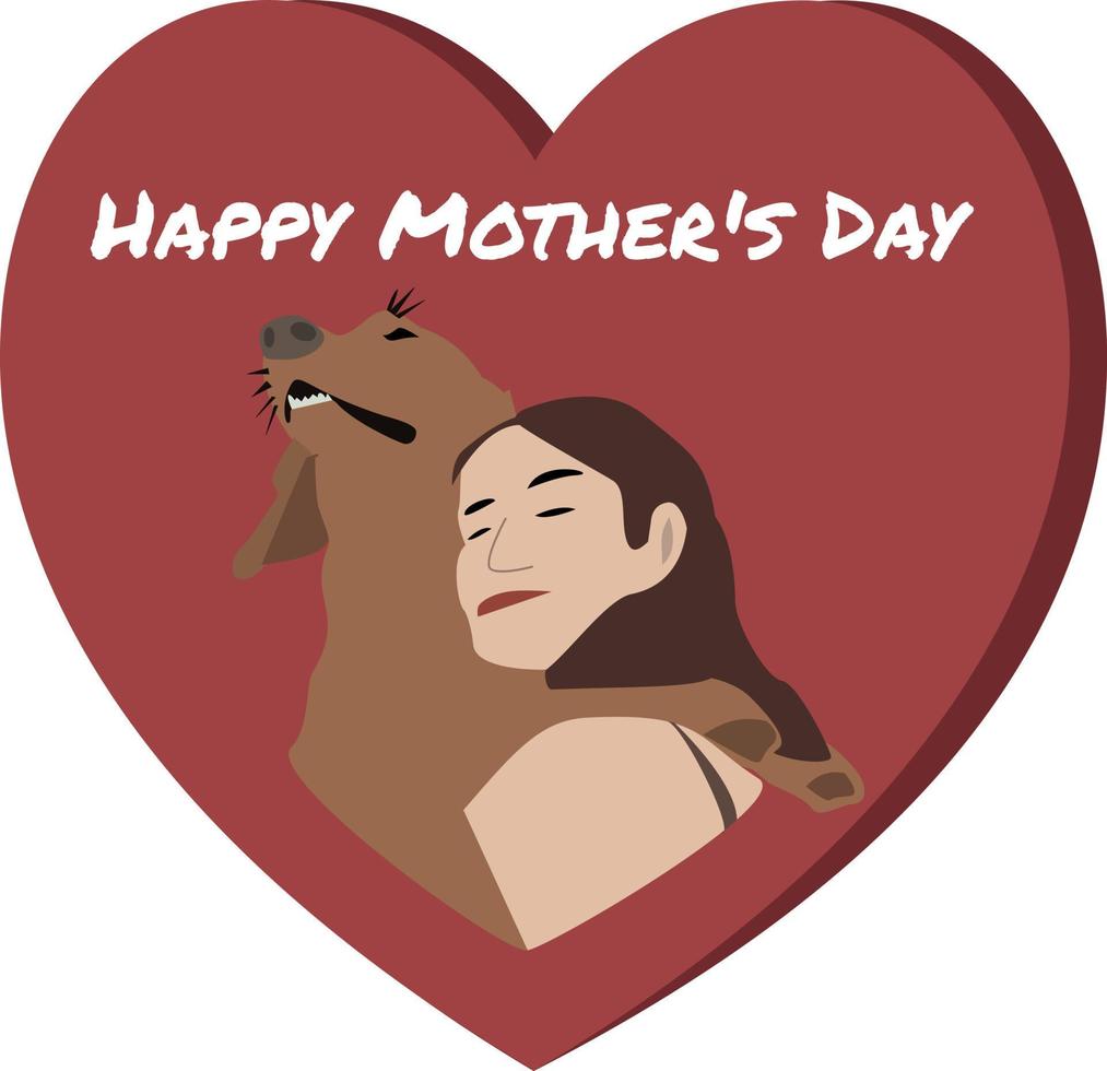 diseño del día de la madre con un perro y una mujer abrazados en un corazón rojo vector