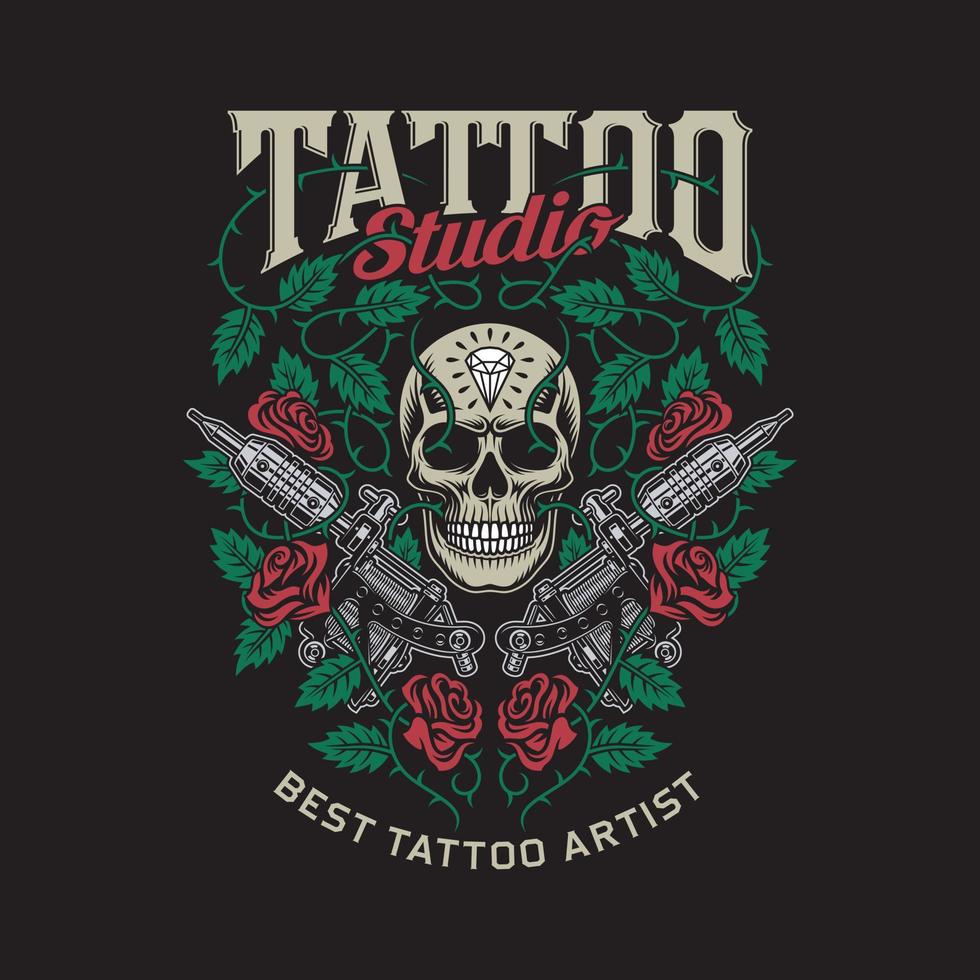 emblema de estudio de tatuajes con calavera y máquinas de tatuaje vector