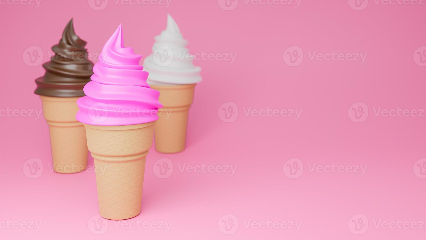 Soft serve ice cream of chocolate, vanilla and strawberry flavours on crispy cone on pink background.,3d model and illustration. photo