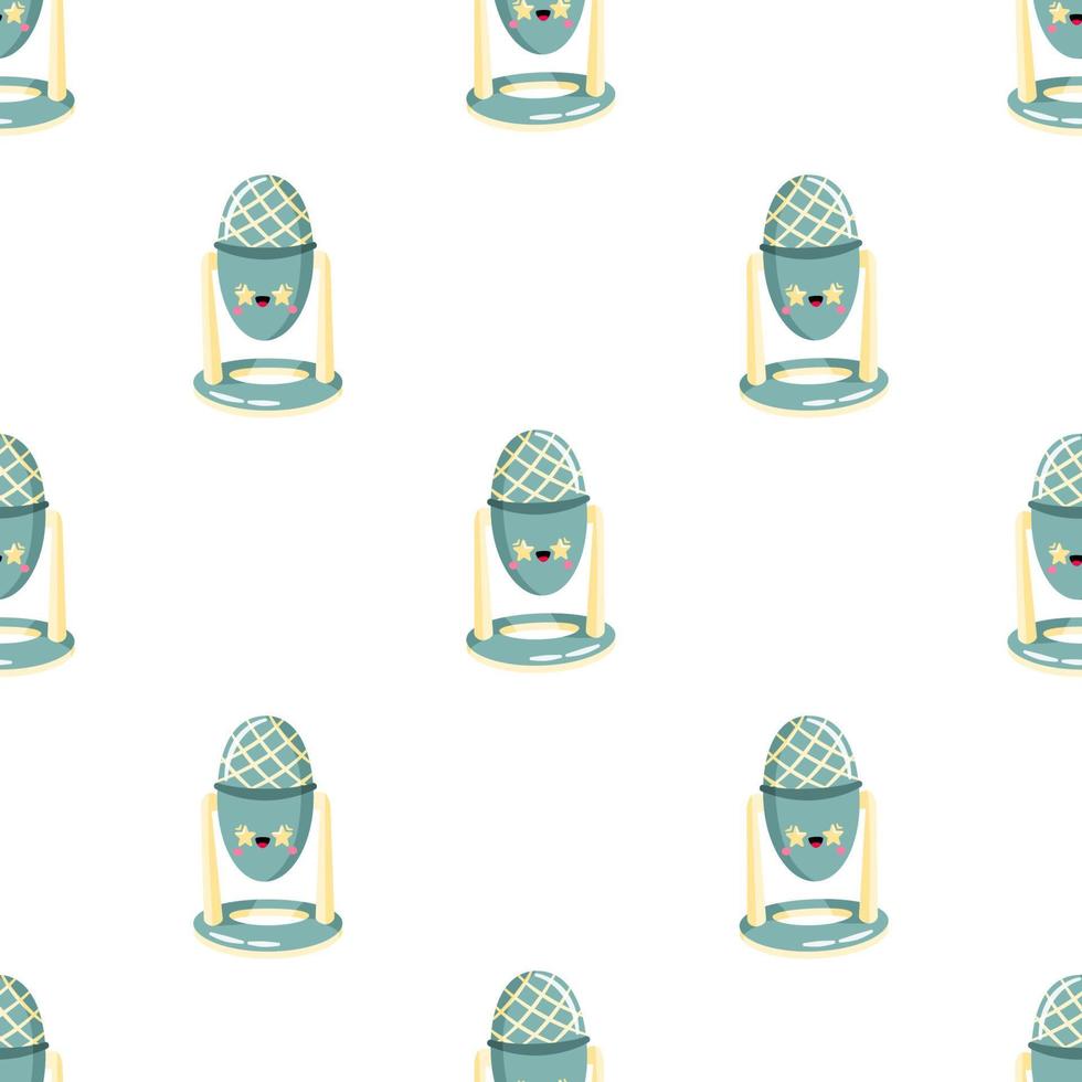 Vector seamless pattern with cute cartoon microphone with funny face. Modern device for podcast, broadcast, audio record.  Background for podcast channel. Flat vector illustration.