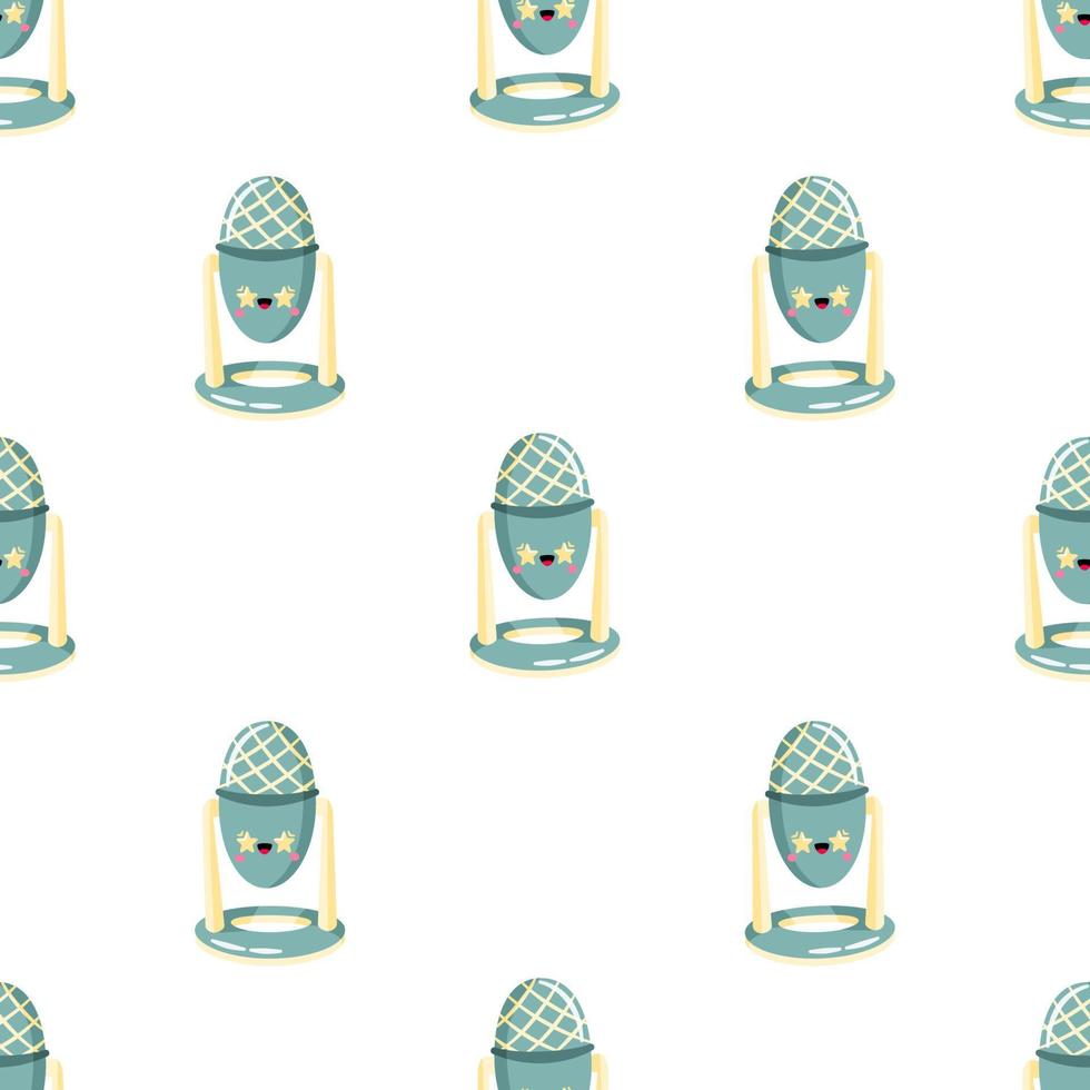 Vector seamless pattern with cute cartoon microphone with funny face. Modern device for podcast, broadcast, audio record.  Background for podcast channel. Flat vector illustration.