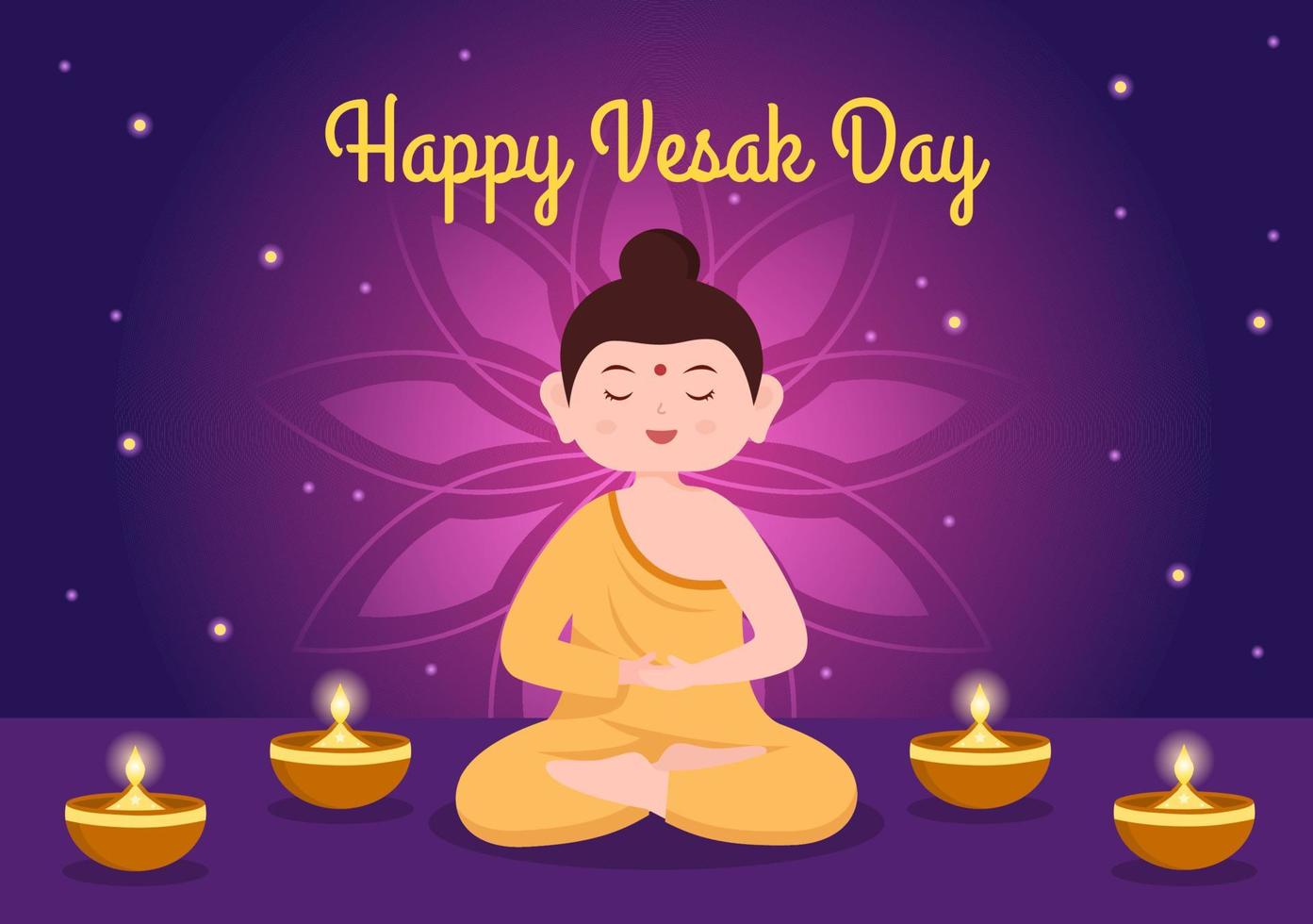 Vesak Day Celebration with Temple Silhouette, Lotus Flower Decoration, Lantern or Buddha Person in Flat Cartoon Background Illustration for Greeting Card vector
