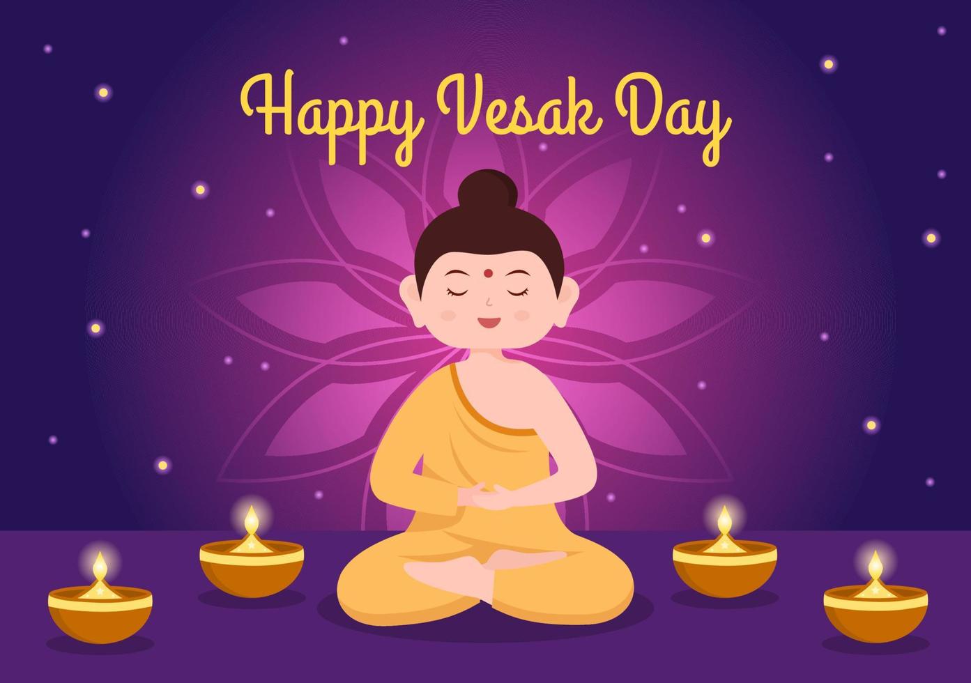 celebración del día de vesak con silueta de templo, decoración de flores de loto, linterna o persona de buda en ilustración de fondo de caricatura plana para tarjeta de felicitación vector