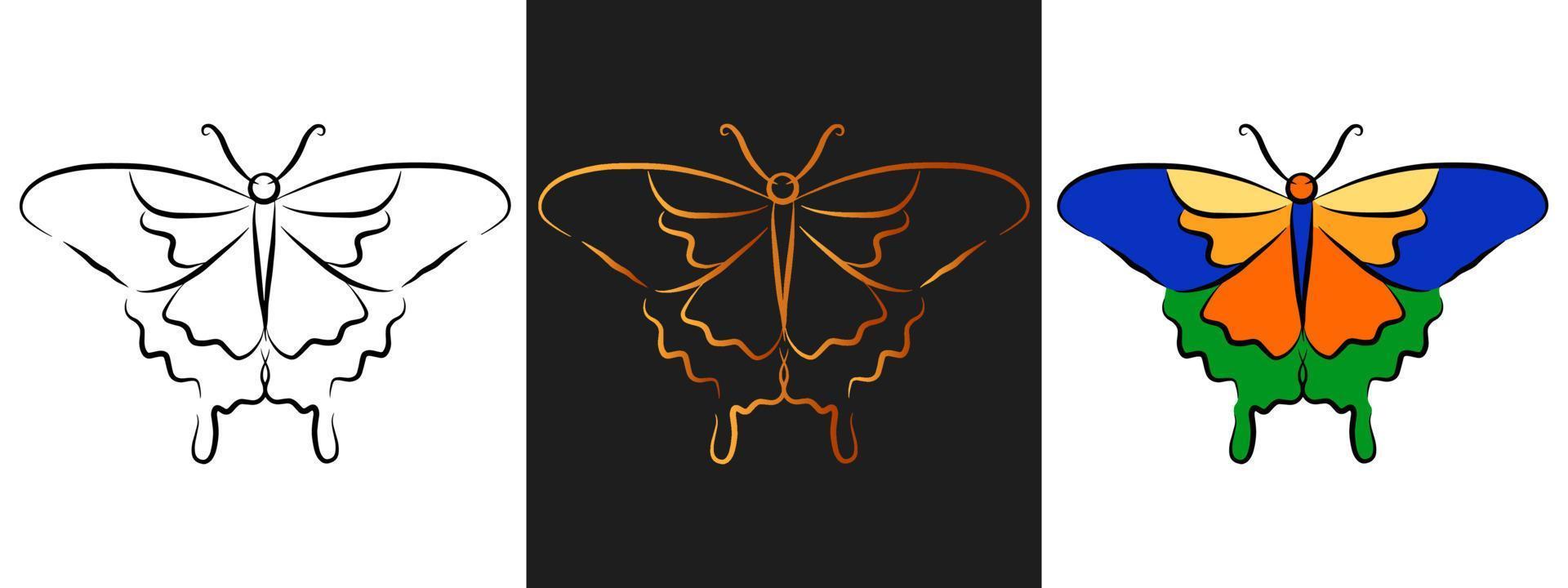 elemento de diseño de logotipo de contorno de animal de mariposa. contorno de contorno negro y dorado, conjunto de iconos aislados de estilo de arte de línea. hermosa plantilla de tatuaje. dibujo de insectos de dibujos animados. vector