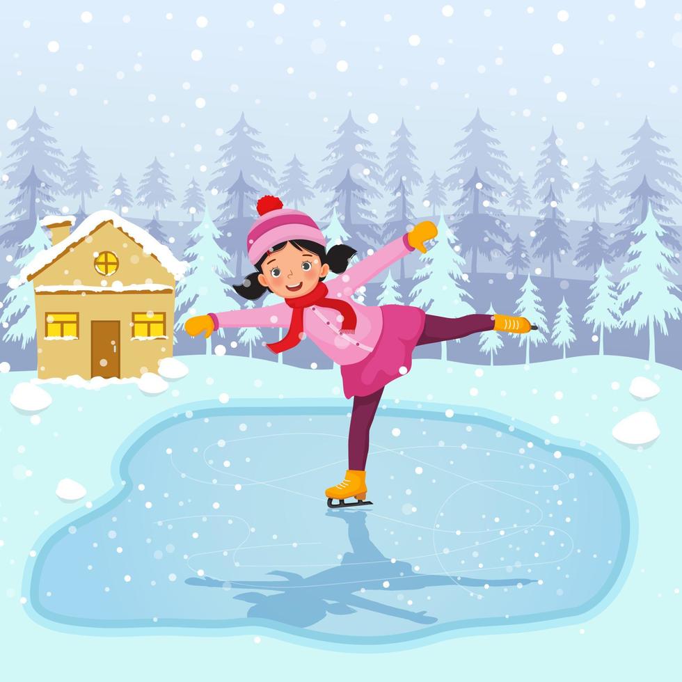 Cute little girl wearing warm winter clothes ice skating outdoor on frozen pool in the snowy landscape background vector