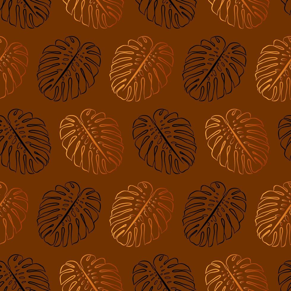 Monstera gold leaf seamless pattern. Vector botanical wallpaper template. Graphic elegant textile print. Outline sketch drawing.