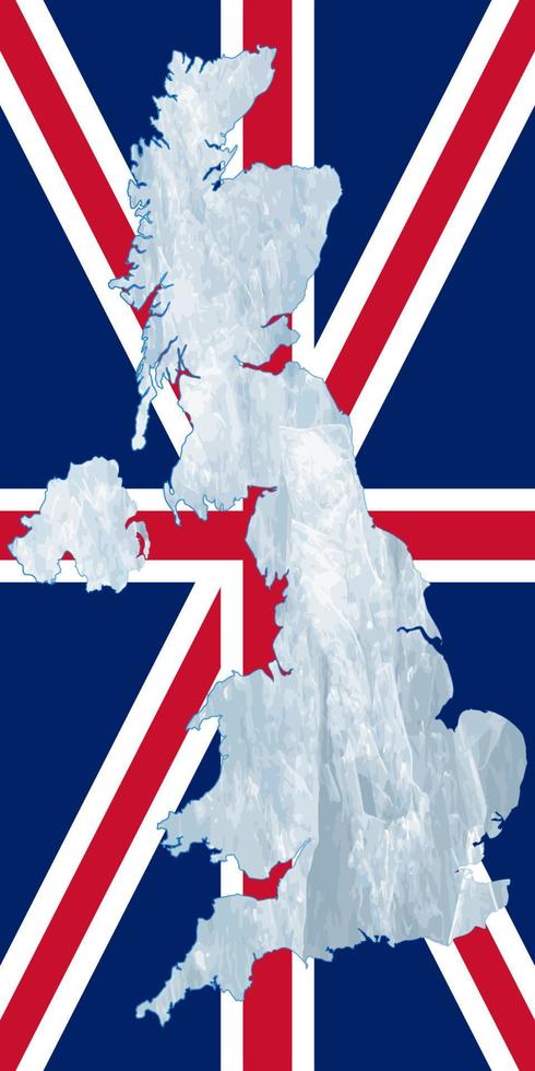 Outline map of Great Britain with the image of the national flag. Ice inside the map. Vector illustration. Energy crisis.