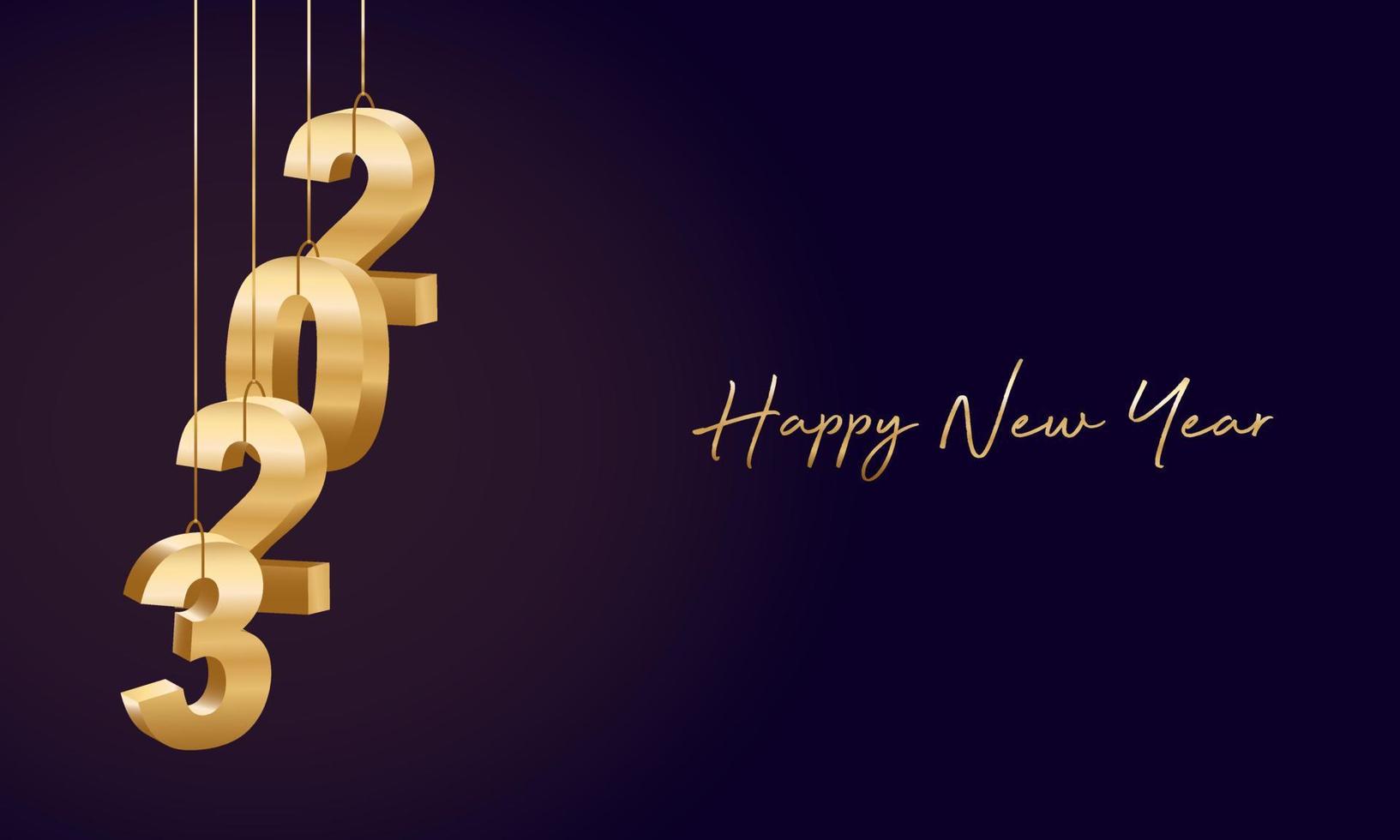 Happy New Year 2023. Hanging golden 3D numbers with ribbons, Modern Happy New Year Background vector