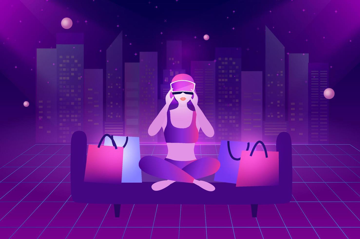 Metaverse Virtual Reality shopping. woman wearing VR goggle having 3d experience in shopping in the metaverse vector illustration