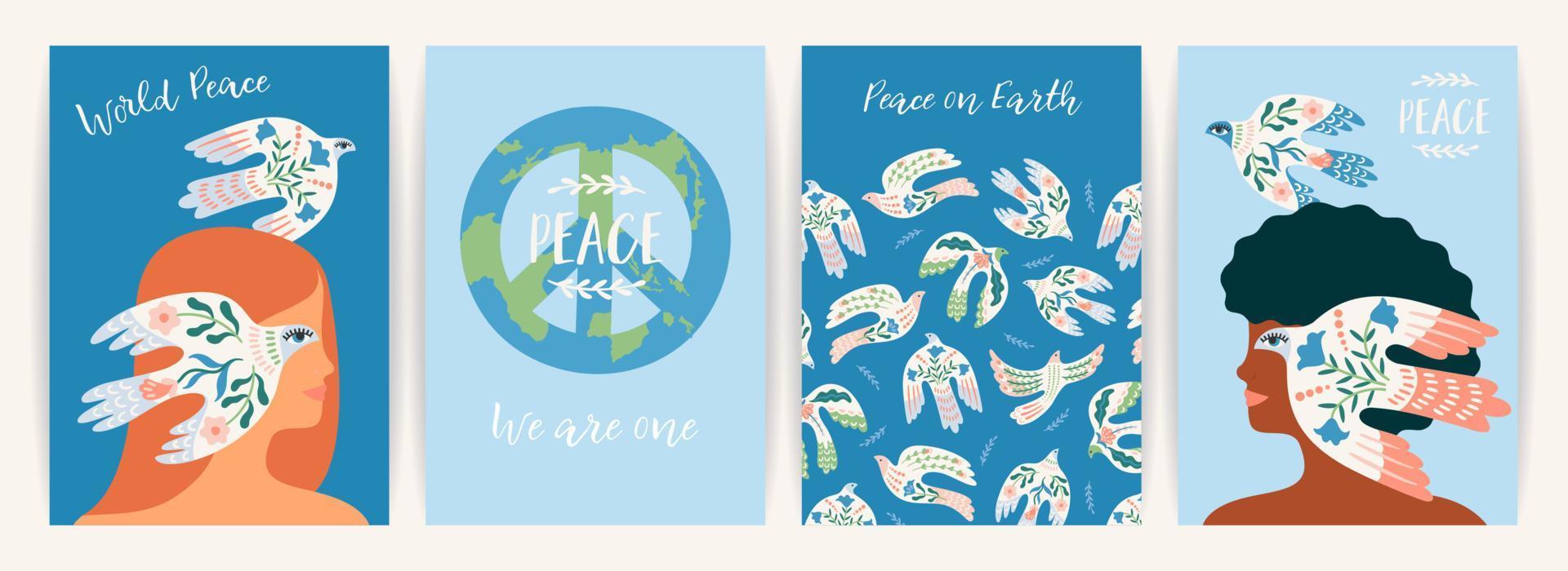 Peace on Earth. Woman and dove of peace. Vector set. Illustration for card, poster, flyer and other