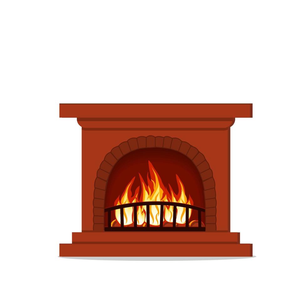 home interior fireplace with fire, color vector illustration flat