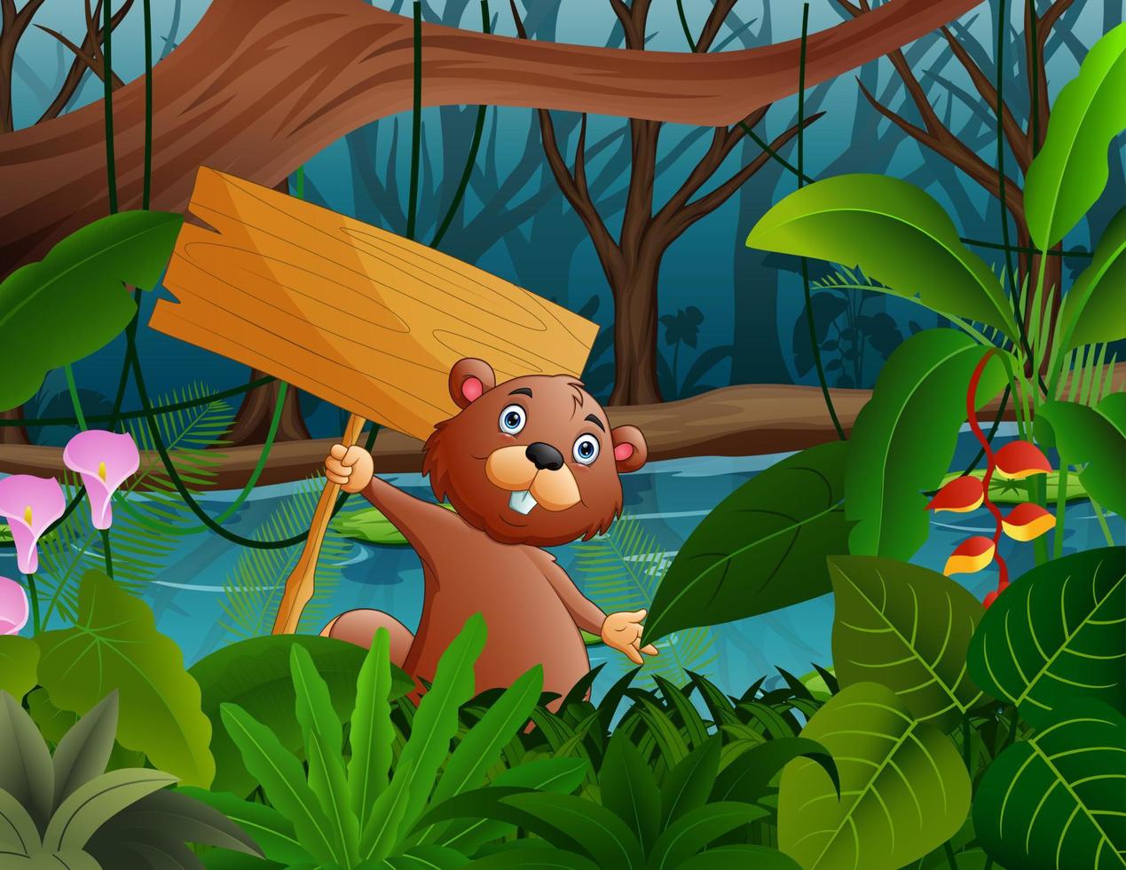 Cute beaver cartoon holding a wooden sign in a forest background vector