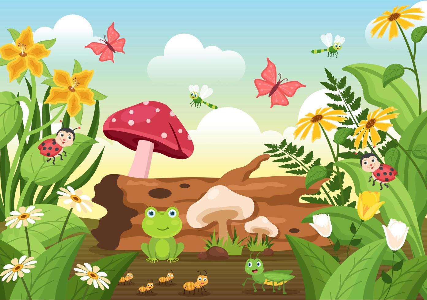 hermosa ilustración de fondo de dibujos animados de jardín con paisajes  naturales de plantas, varios animales, flores, árboles y hierba verde en un  estilo de diseño plano 11973393 Vector en Vecteezy